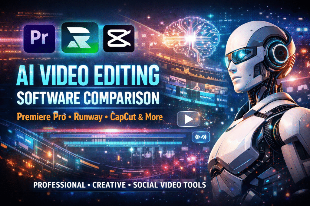Banner showing AI video editing software comparison, featuring Premiere Pro, Runway, and CapCut icons with a futuristic robot interacting with AI video editing tools.