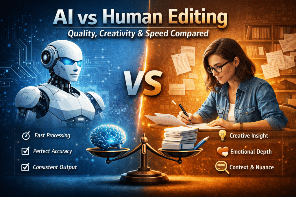 AI vs Human Editing comparison showing creativity, quality, and editing speed differences