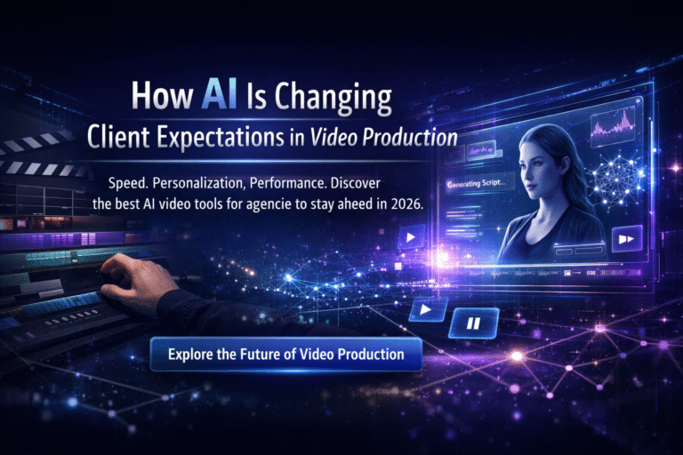AI-powered video production banner showing futuristic editing interface and highlighting the best AI video tools for agencies