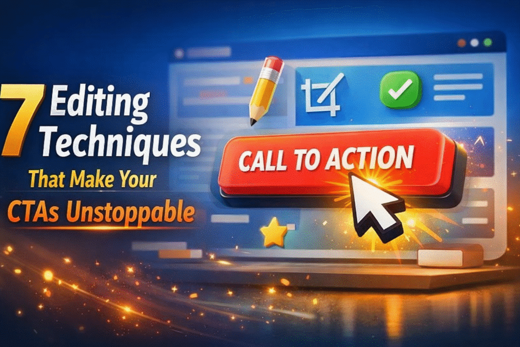 A red CTA button with editing icons illustrating 7 editing techniques for CTAs to boost conversions