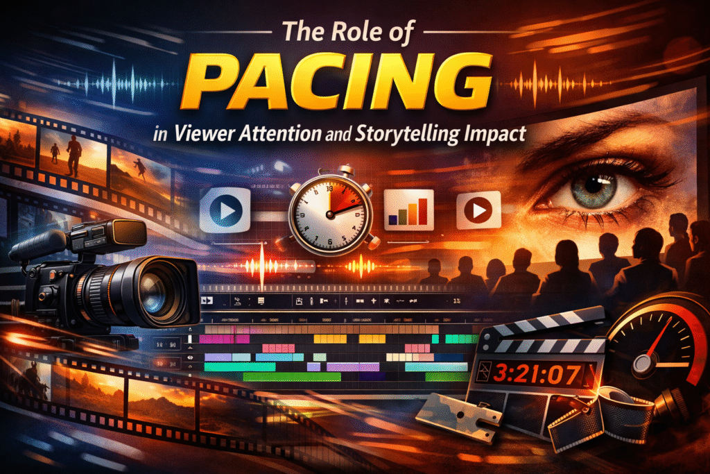 Banner illustrating pacing in video editing with visual tempo, editing timeline, and engaged audience silhouettes.