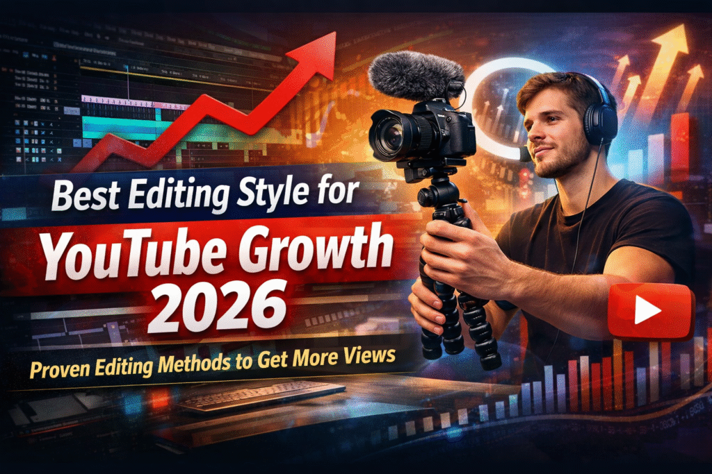 YouTube growth 2026 blog banner showing video editing workflow, creator filming setup, analytics growth graph, and editing timeline.