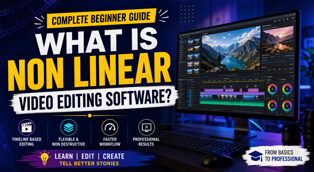 Modern banner showing non linear video editing software interface with timeline based editing system, beginner guide title, and professional video editing workspace for creators and filmmakers