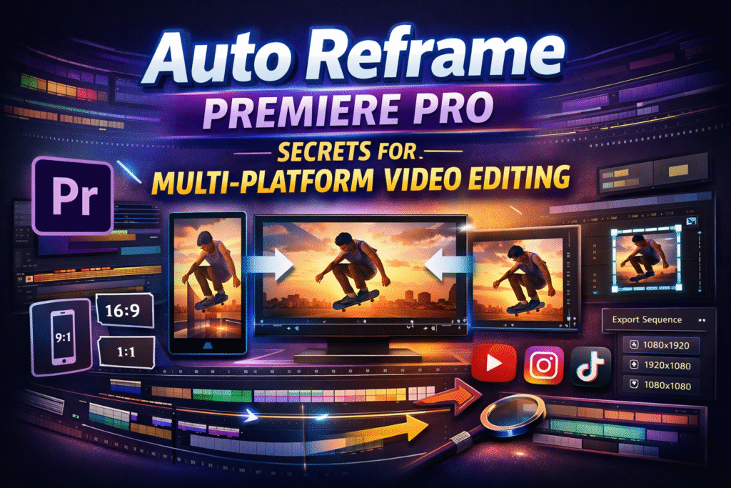 Auto Reframe Premiere Pro banner showing vertical, horizontal, and square video editing for Instagram, TikTok, and YouTube